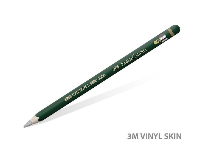 May include: A green Faber-Castell 9000 pencil with a 3M vinyl skin and a HB lead. The pencil is on a white background.