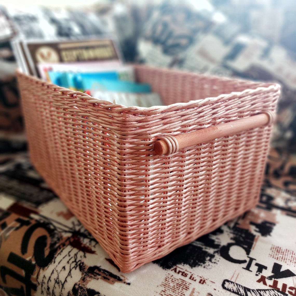 Wicker rectangular basket with wood handles Storage box Pink Etsy