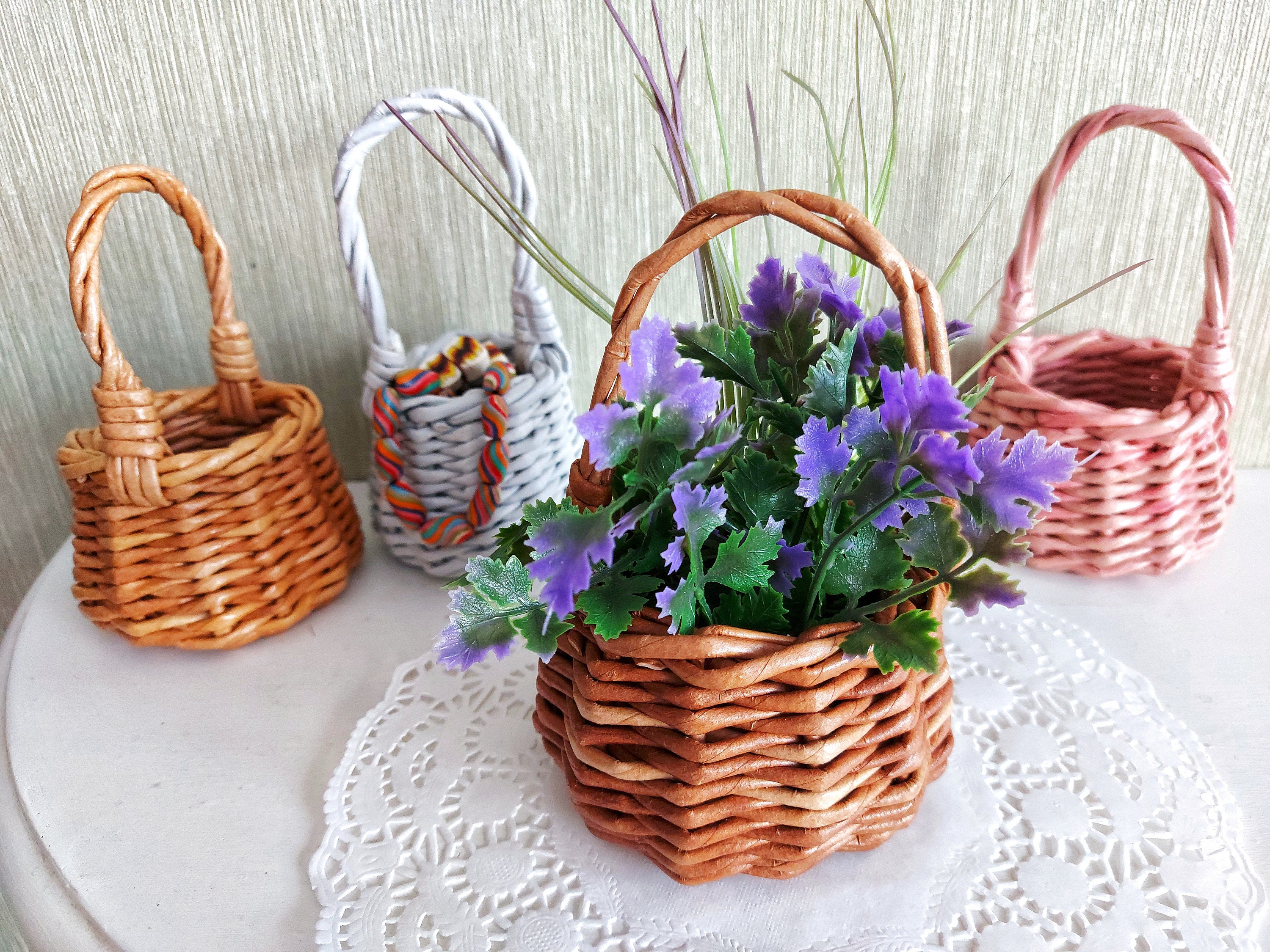 4 Stück Mini Blumenkörbchen Aus Kunstrattan - Herz, Oval & Rund Für Hochzeit Deko