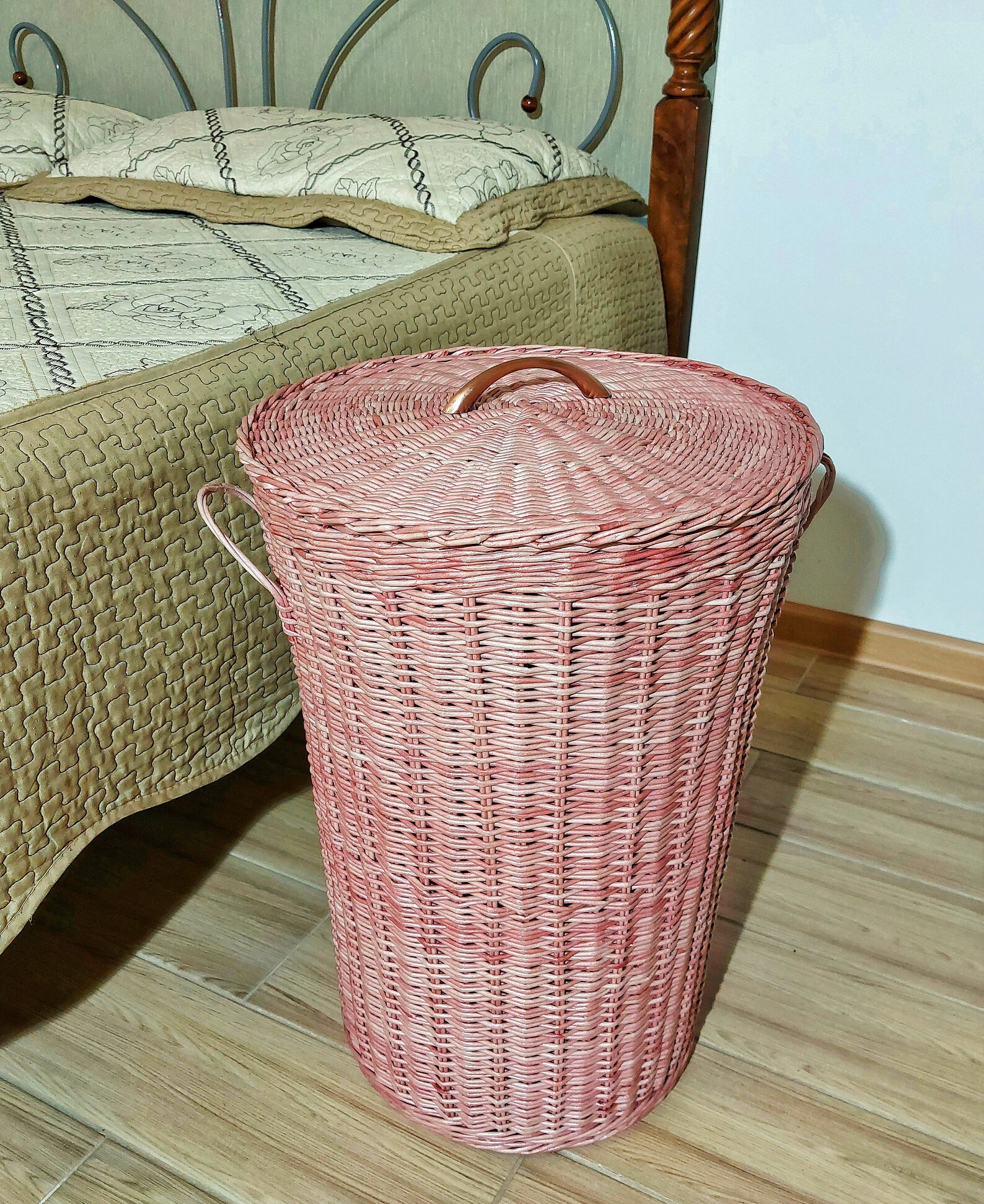 Wicker Laundry Basket With Lid Round Pink Baby Toy Storage Etsy
