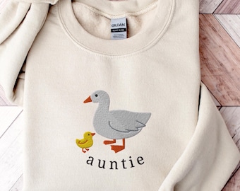 Auntie Embroidered Sweatshirt, Cute Aunt Goose Sweater Crewneck, New Aunt Gift, Baby Reveal Aunt Gifts, Auntie Duck With Baby Chick