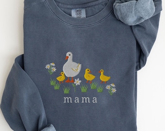 EMBROIDERED Mama Goose Comfort Colors Sweatshirt, Cottagecore Mother Goose Sweater, Cute GIft for New Moms, Floral Mom Duck Sweat Shirt