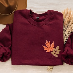 Embroidered Autumn Leaves Sweatshirt, Fall Foliage Shirt, Thanksgiving Crewneck, October Crew Neck, Autumn Pullover For Women, Maple Leaf