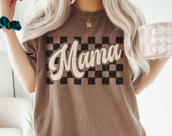 Checkered Mama Comfort Colors Shirt, Boho Mama TShirt, Trendy Crewneck for Moms, Retro Mama T-Shirt, Trending Checkerboard New Mom Tee