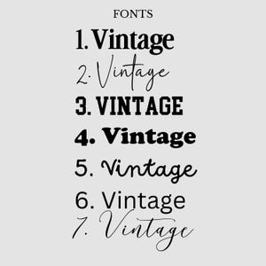 May include: A graphic displaying seven different font styles, each labeled "Vintage." The fonts vary in style, including bold, script, and serif, with the word "FONTS" at the top.