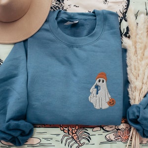 Embroidered Ghost Tumbler Sweatshirt, Boo Jee Halloween Crewneck, Ghost Embroidery Crewneck, Funny Spooky Season Shirt, Ghost Wearing Beanie