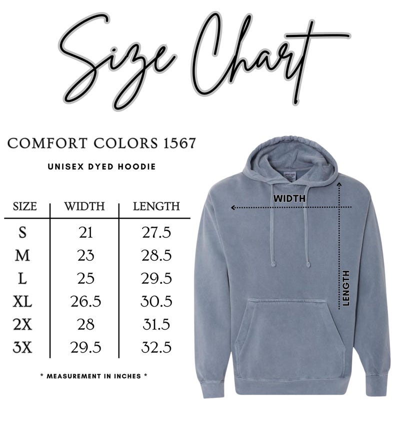 K&ouml;nnte beinhalten: Blauer Comfort Colors 1567 Unisex-Hoodie mit Gr&ouml;&szlig;entabelle. Die Tabelle zeigt Ma&szlig;e in Zoll f&uuml;r Breite und L&auml;nge, von Gr&ouml;&szlig;e S bis 3X. Der Hoodie hat eine Kapuze und eine Vordertasche.
