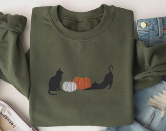 Black Cat Sweatshirt Embroidered, Cute Fall Crewneck, Pumpkin Embroidery, Black Cat Mom Gifts, Cat Lover Halloween Crew Neck, Autumn Shirt