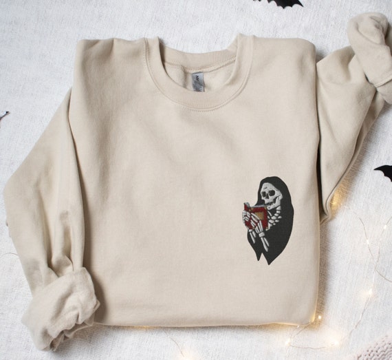 Reading Skeleton Sweatshirt Embroidered, Halloween Book Lover Crewneck, One More Chapter, Book Worm Shirt, Bookworm Gift, Book Nerd, Bookish