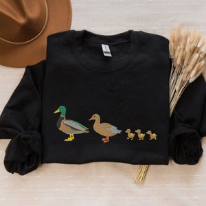 Embroidered Custom Duck Sweatshirt, Cute Mallard Duck Family Crewneck, Duck Chicks Embroidery, Bird Lover Gift, Nature Embroidery Shirt Black