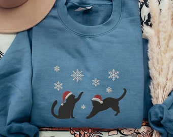 Embroidered Christmas Cat Sweatshirt, Cat Snowflake Embroidery Crewneck, Santa Cats Shirt, Cat Mom Christmas Gift, Festive Cats, Holiday Cat