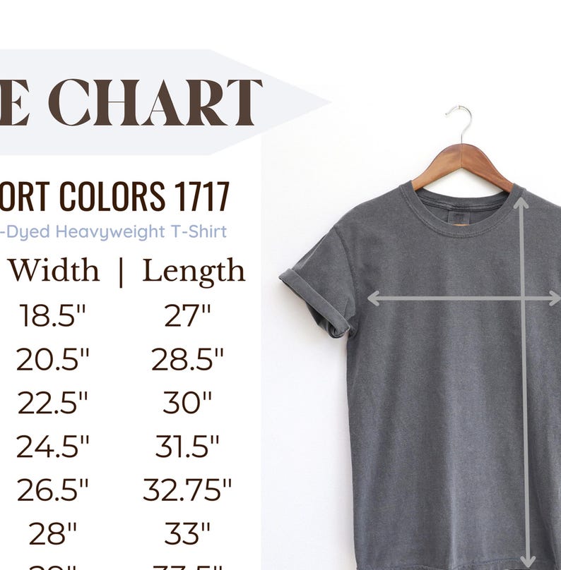 May include: Size chart for a grey, heavyweight t-shirt. The chart shows the width and length measurements in inches for different sizes.  The measurements are 18.5 inches by 27 inches, 20.5 inches by 28.5 inches, 22.5 inches by 30 inches, 24.5 inches by 31.5 inches, 26.5 inches by 32.75 inches, 28 inches by 33 inches.