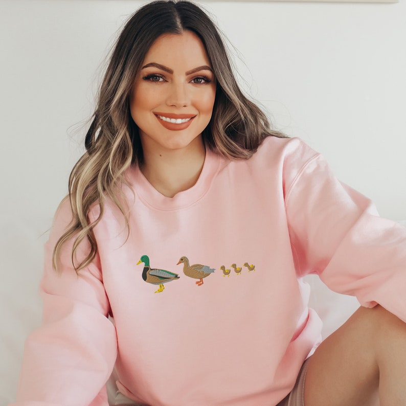 Embroidered Custom Duck Sweatshirt, Cute Mallard Duck Family Crewneck, Duck Chicks Embroidery, Bird Lover Gift, Nature Embroidery Shirt Light Pink