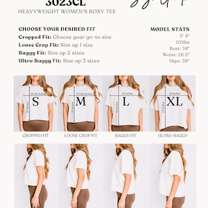 May include: Size guide for a Comfort Colors 3023CL heavyweight boxy tee. The guide shows four different fits: cropped, loose crop, baggy, and ultra-baggy. Model stats are 5'4", 120lbs, 34" bust, 26.5" waist, and 38" hips.