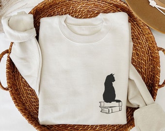 Embroidered Black Cat On Books Sweatshirt, Book Lover Crewneck, Black Cat Mom Gifts, Cute Cat Shirt For Librarian, Bookish, Cat Embroidery