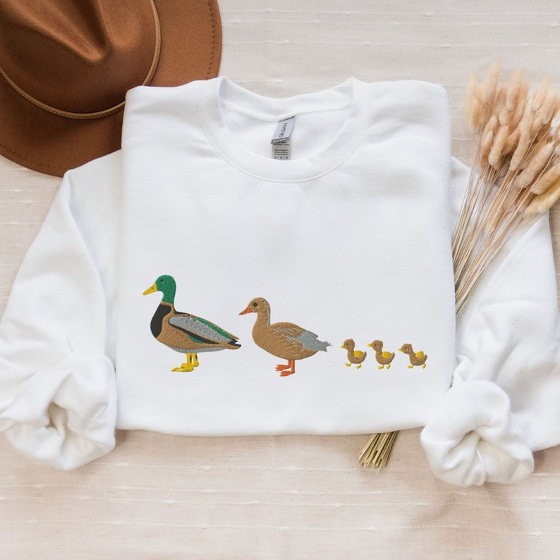 Embroidered Custom Duck Sweatshirt, Cute Mallard Duck Family Crewneck, Duck Chicks Embroidery, Bird Lover Gift, Nature Embroidery Shirt White