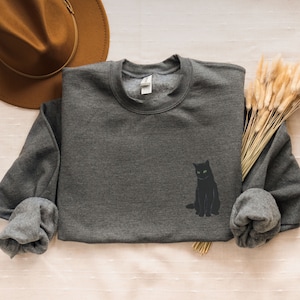 Embroidered Black Cat Sweatshirt, Halloween Cat Crewneck Embroidered, Black Cat Lover Shirt, Spooky Cat Embroidery, Black Cat Mom Gift Dark Heather