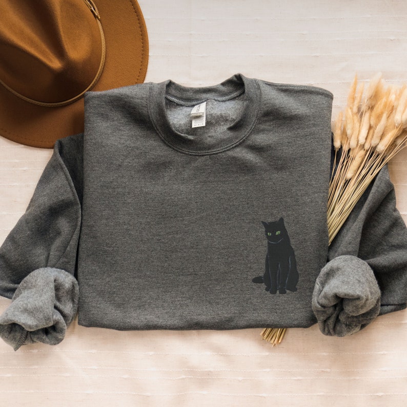 Embroidered Black Cat Sweatshirt, Halloween Cat Crewneck Embroidered, Black Cat Lover Shirt, Spooky Cat Embroidery, Black Cat Mom Gift Dark Heather