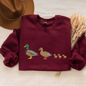 Embroidered Custom Duck Sweatshirt, Cute Mallard Duck Family Crewneck, Duck Chicks Embroidery, Bird Lover Gift, Nature Embroidery Shirt Maroon