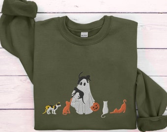Embroidered Halloween Cats Sweatshirt, Black Cat, Calico Cat, Ghost Embroidery Crewneck, Spooky Season Cats Shirt, Cat Mom Crew, Plus Size