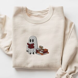 Embroidered Ghost Reading Books Sweatshirt, Bookworm Halloween Crewneck, Bookish Ghost Embroidery Shirt, Spooky Season Book Lover Pullover