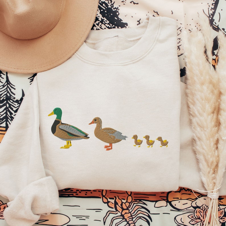 Embroidered Custom Duck Sweatshirt, Cute Mallard Duck Family Crewneck, Duck Chicks Embroidery, Bird Lover Gift, Nature Embroidery Shirt Sand