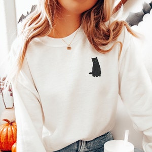 Embroidered Black Cat Sweatshirt, Halloween Cat Crewneck Embroidered, Black Cat Lover Shirt, Spooky Cat Embroidery, Black Cat Mom Gift White