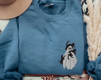 Embroidered Halloween Sweatshirt, Halloween Embroidered Sweatshirt, Ghost Holding Black Cats Crewneck, Spooky Season Sweater, Cat Lover Gift