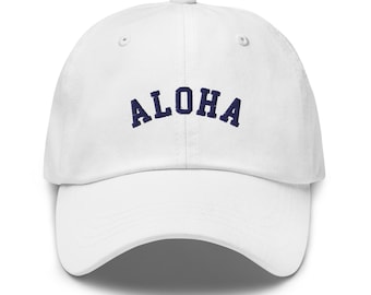 Aloha Baseball Cap, Embroidered Hibiscus Flower Dad Hat, Cute Hawaii Cap, Varsity Aloha 6 Panel, Hawaii Lover Gift, Aloha Embroidered Cap