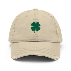Four Leaf Clover Cap, 4 Leaf Clover Baseball Cap, Distressed 6 Panel Hat with Velcro Strap, Lucky Clover Hat, Irish, 4-Leaf Clover Apparel