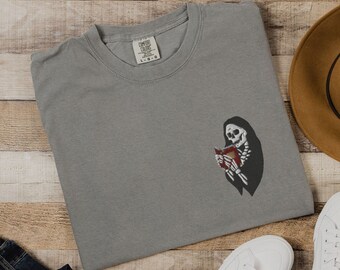 Embroidered Skeleton Reading TShirt, Halloween Comfort Colors Shirt, Skeleton Reading Book Embroidery, Spooky Season Book Lover Crewneck