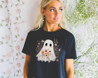 Camisa corta de encaje con fantasmas para Halloween, colores cómodos, camiseta coqueta y femenina con fantasmas, top corto bohemio de temporada espeluznante, camiseta corta con fantasmas estilo cottagecore