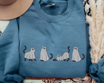 Halloween Sweatshirt Embroidered, Halloween Embroidered Sweatshirt, Cat Ghost Crewneck, Cat Lover Shirt, Black Cat Shirt, Cats Ghost Costume