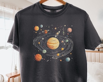 Camiseta corta vintage del sistema solar celestial, top corto retro de planetas espaciales, camiseta gráfica bohemia de galaxia cósmica de astronomía, camiseta de estrellas caprichosas