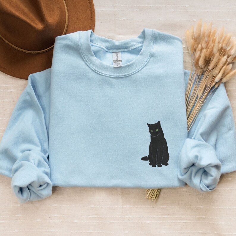 Embroidered Black Cat Sweatshirt, Halloween Cat Crewneck Embroidered, Black Cat Lover Shirt, Spooky Cat Embroidery, Black Cat Mom Gift Light Blue