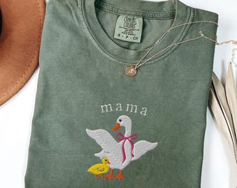 EMBROIDERED Mama Goose Comfort Colors Shirt, Mother Goose TShirt, Mama Duck Duckling T-Shirt, Goose and Gosling Tee, Cute Mom Gifts