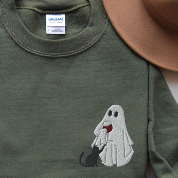 Embroidered Ghost Wine Sweatshirt, Cute Wine Lover Halloween Crewneck, Ghost Wino Embroidery, Fun Ghost Spooky Season Crew Neck, Ghost Shirt