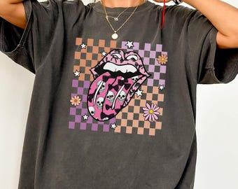 Retro Halloween Checkered Shirt, Coquette Halloween, Halloween Pink Lips Tshirt, Comfort Colors, Vintage Girly Spooky Season Vibes T-Shirt