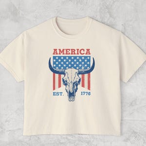 July 4th Country Shirt, Comfort Colors Crop Top TShirt, Western Cow Skull Vintage Style Crew, 4th of July Cowgirl