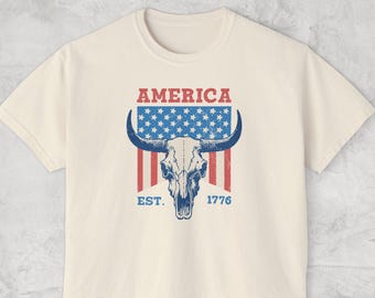 July 4th Country Shirt, Comfort Colors Crop Top TShirt, Western Cow Skull Vintage Style Crew, 4th of July Cowgirl