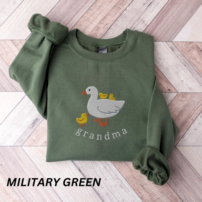 Embroidered Grandma Sweatshirt with Cute Goose and Baby Duck Chicks on Military Green Unisex Gildan 18000