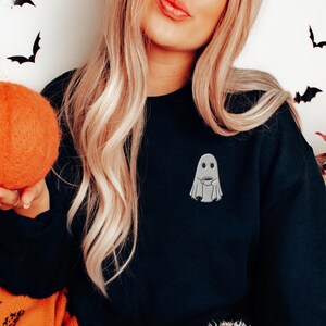Embroidered Ghost With Coffee Sweatshirt, Cute Ghost Embroidered Crewneck, Halloween Shirt, Fall Coffee Lover Shirt, Ghost Coffee Embroidery