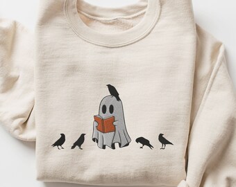 Embroidered Reading Ghost With Crows Sweatshirt, Halloween Bookish Ghost And Ravens Crewneck Shirt, Spooky Season Bookworm, Reading Ghost