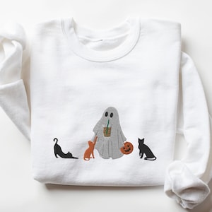 Embroidered Cats Halloween Shirt, Black and Ginger Cat With Ghost Sipping Iced Coffee Sweatshirt, Ghost Embroidery, Orange and Black Cats