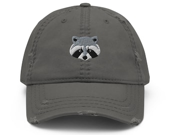 Raccoon Baseball Cap, Embroidered Raccoon Face Distressed Hat, Raccoon Lover 6 Panel Hat with Velcro Strap, Racoon Hat, Raccoon Gifts