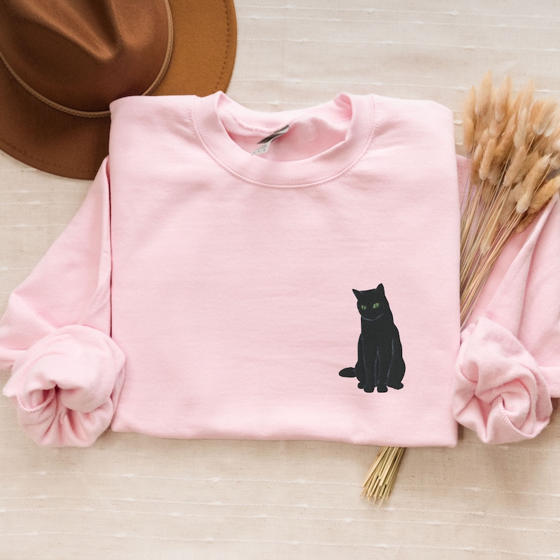 Embroidered Black Cat Sweatshirt, Halloween Cat Crewneck Embroidered, Black Cat Lover Shirt, Spooky Cat Embroidery, Black Cat Mom Gift Light Pink