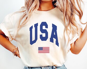 USA Flag College Shirt, 4th of July Comfort Colors TShirt, USA July 4th Crew, Independence Day Shirt, Trendy Retro USA Varsity Tee