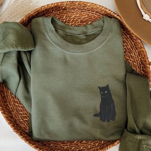 Embroidered Black Cat Sweatshirt, Halloween Cat Crewneck Embroidered, Black Cat Lover Shirt, Spooky Cat Embroidery, Black Cat Mom Gift Military Green
