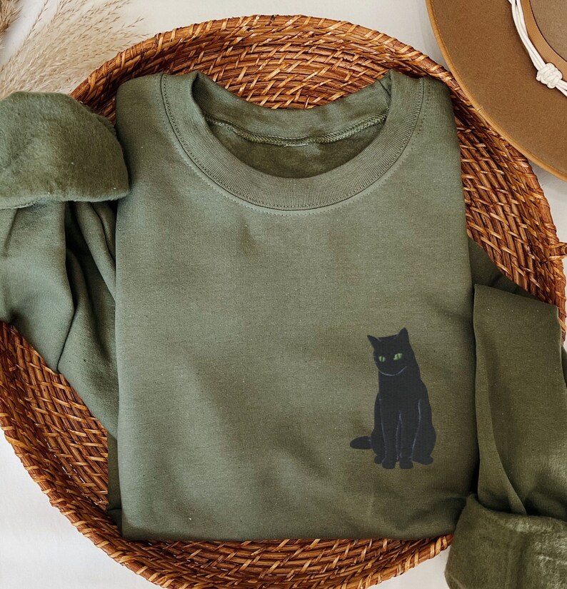 Embroidered Black Cat Sweatshirt, Halloween Cat Crewneck Embroidered, Black Cat Lover Shirt, Spooky Cat Embroidery, Black Cat Mom Gift Military Green