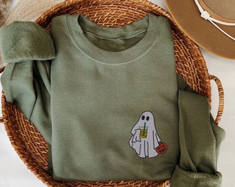Halloween Coffee Sweatshirt Embroidered, Iced Coffee Ghost Crewneck, Cute Embroidered Ghost Shirt, Coffee Lover Halloween Fall Sweater